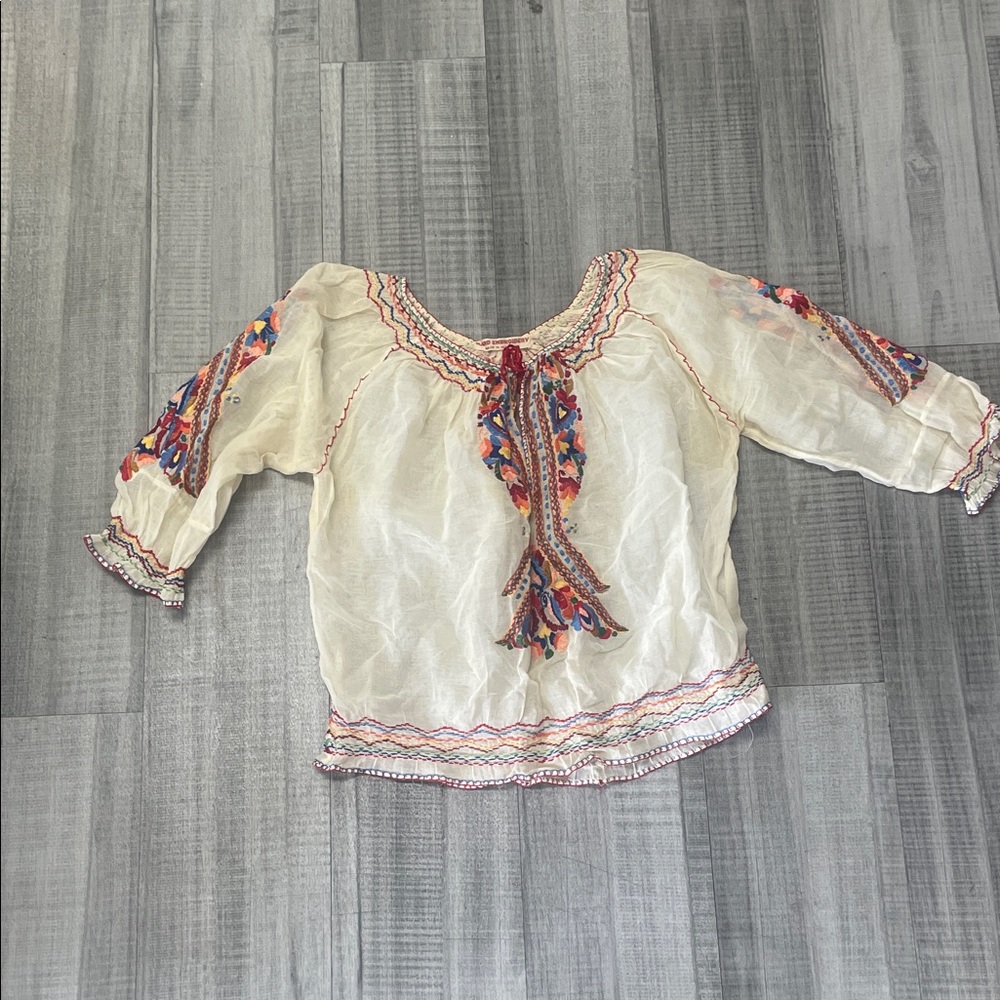 Bohemian Cream Blouse with Colorful Embroidery